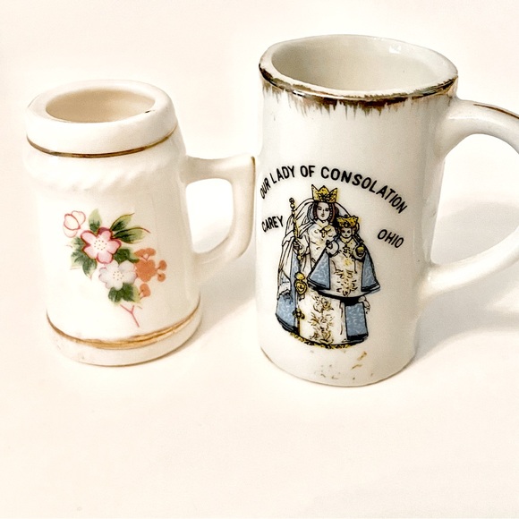 ESTATE VTG 2pc FLORAL LADY CONSOLATION PAIN RELIEF BEER MUG SHOT GLASS SOUVENIR - Picture 2 of 9